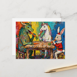 Drache, Einhorn und Weihnachtsmann-Hase essen Karo Postkarte