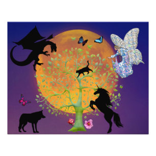 Drache Fee Einhorn Fantasy Baum und Vollmond Fotodruck