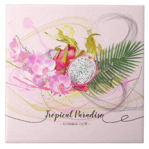 Drache-Frucht-und rosa Orchideen-tropische Fliese