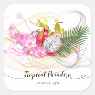 Drache-Frucht-und rosa Orchideen-tropische Quadratischer Aufkleber