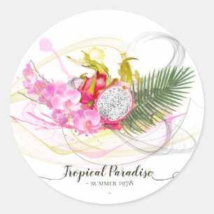 Drache-Frucht-und rosa Orchideen-tropische Runder Aufkleber