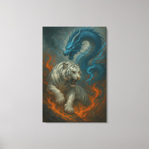 Drache gegen Weißer Tiger – Mystische Fantasy-Wand Leinwanddruck