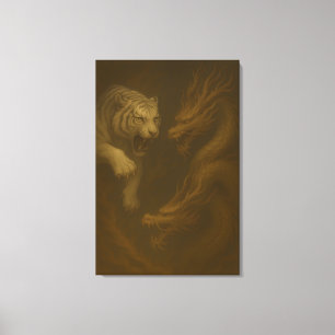 Drache gegen Weißer Tiger – Mystische Fantasy-Wand Leinwanddruck