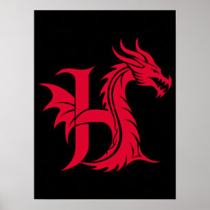 Drache gestalteter Buchstabe H, Drachenalphabet, M Poster
