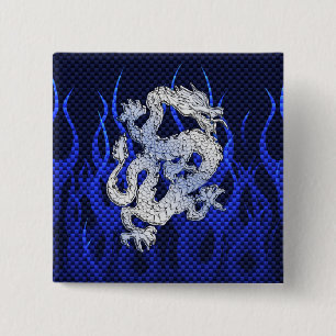 Drache im Chrom mögen blaue Kohlenstoff-Faser-Art Button