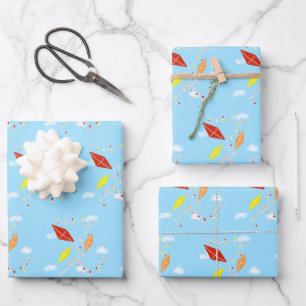 Drache im Himmel Blau Muster Kinder Geschenkpapier Set