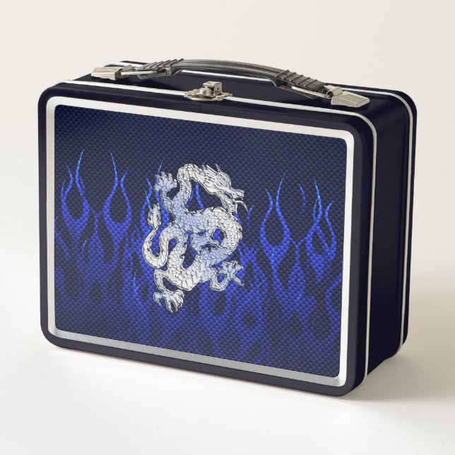 Drache in Chrome wie blaue Karbon-Faser-Stile Metall Brotdose (Vorderseite)