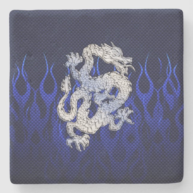 Drache in Chrome wie blaue Karbon-Faser-Stile Steinuntersetzer (Vorderseite)