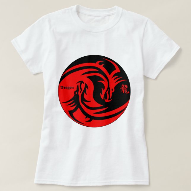 Drache in Yinyang, schwarz und rot T-Shirt (Design vorne)
