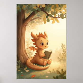 Drache liest Kinderzimmer-Fantasy-Geschichtenbuch Poster