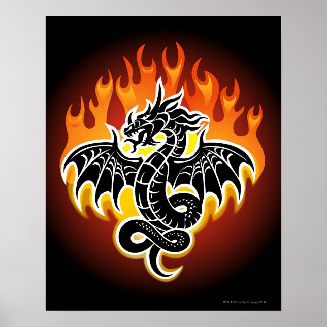 Drache mit Flammen im Hintergrund Poster (Vorne)