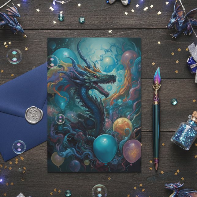 Drache mit Geburtstagsballons Karte (Von Creator hochgeladen)
