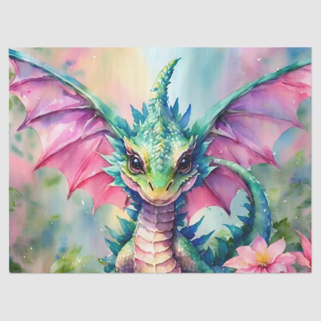 Drache mit rosa Flügel Wasserfarbe Seidenpapier (Vorderseite)