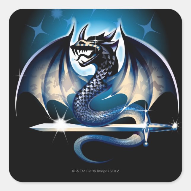 Drache mit Schwert Quadratischer Aufkleber (Vorderseite)