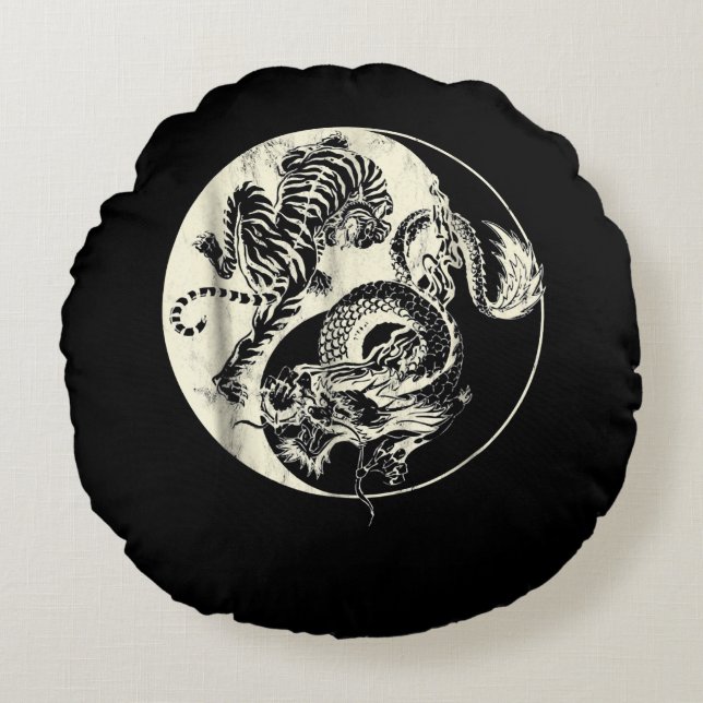 Drache mit Tiger Tattoo YIN und Yang Beast-Kampf Rundes Kissen (Vorderseite)