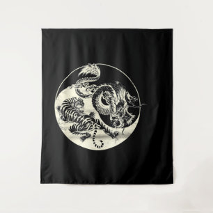 Drache mit Tiger Tattoo YIN und Yang Beast-Kampf Wandteppich
