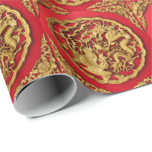 Drache Phönix Rot Gold Chinesische Hochzeit Geschenkpapier