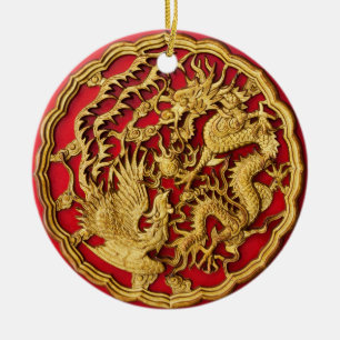 Drache Phönix Rot Gold Chinesische Hochzeitsgunst Keramik Ornament