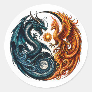 Drache & Phönix Yin Yang Runder Aufkleber