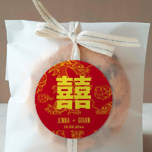 Drache Stil Doppelte Glück-Symbol Rot+Gold Runder Aufkleber