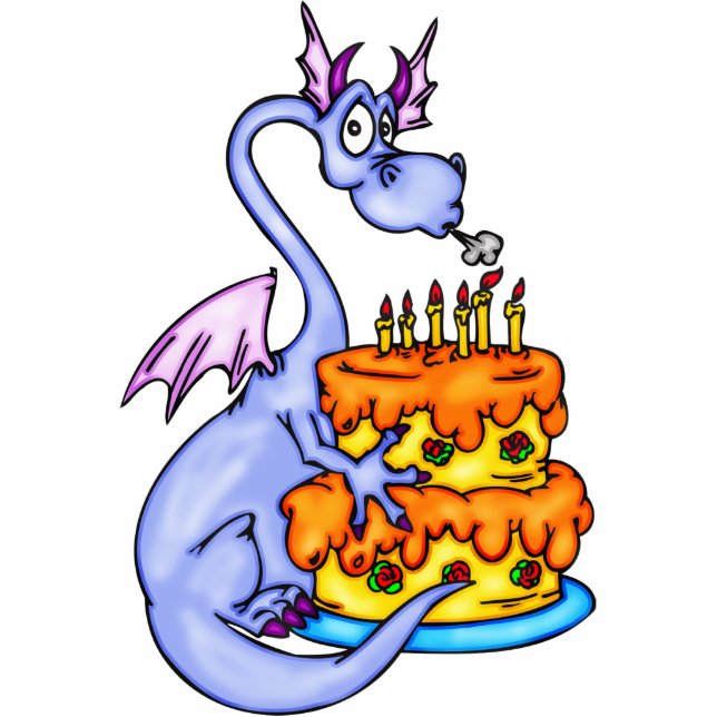 Drache und Geburtstags-Kuchen Freistehende Fotoskulptur (Vorne)