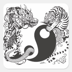 Drache und Tiger Fighting Quadratischer Aufkleber