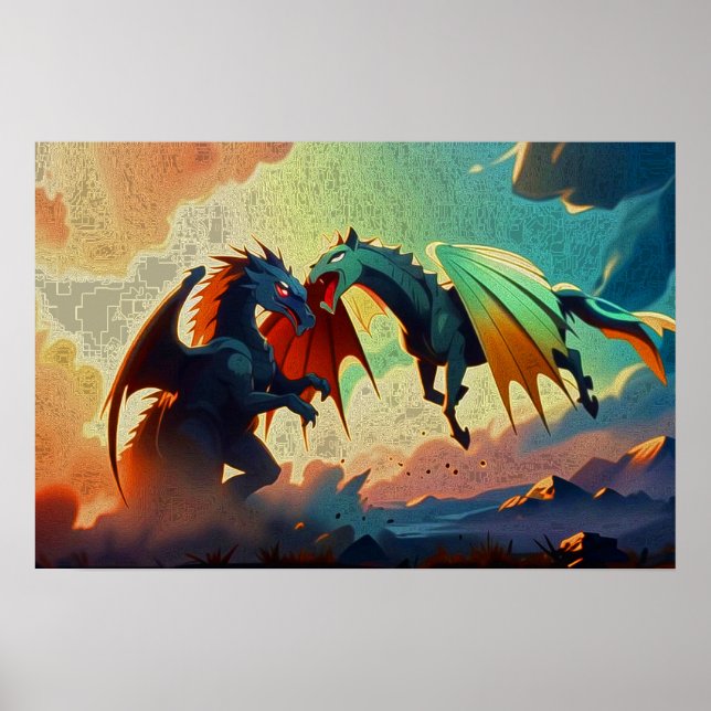 Drache vs Pegasus - Fantasy Kunst Poster (Vorne)