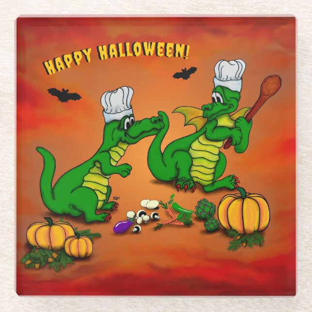 Drachen - Frohe Halloween! Heute werde ich kochen Glasuntersetzer (Vorderseite)