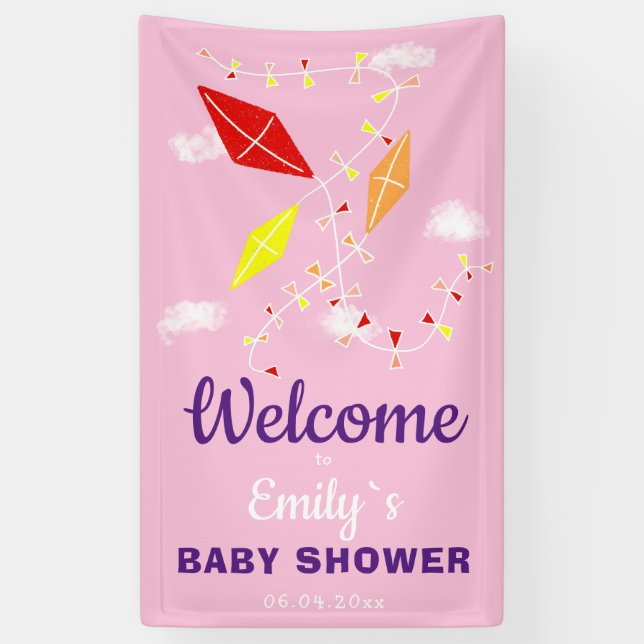Drachen in Sky Pink Girl Showdusche Party Banner (Vertikal)