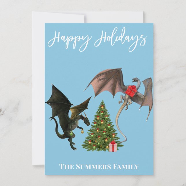 Drachen mit Weihnachtsbaum Feiertagskarte (Vorderseite)