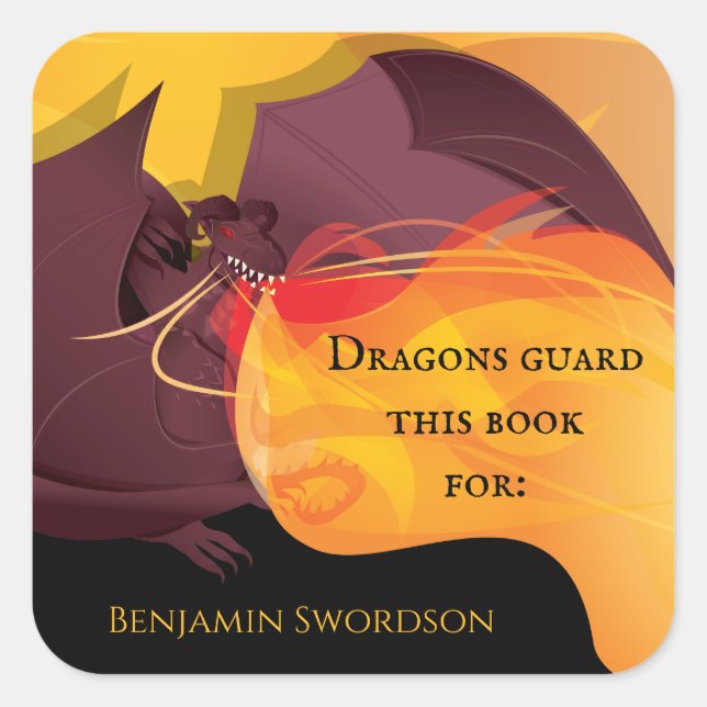 Drachen schützen dieses Buch Feuer Lila rotes Buch Quadratischer Aufkleber (Vorderseite)
