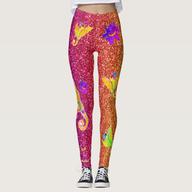 Drachen und Monster auf Glitzer Leggings (Vorderseite)