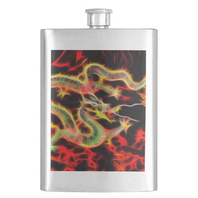 Drachenfeuerdekor auf Lucky Energy Flachmann (Vorderseite)