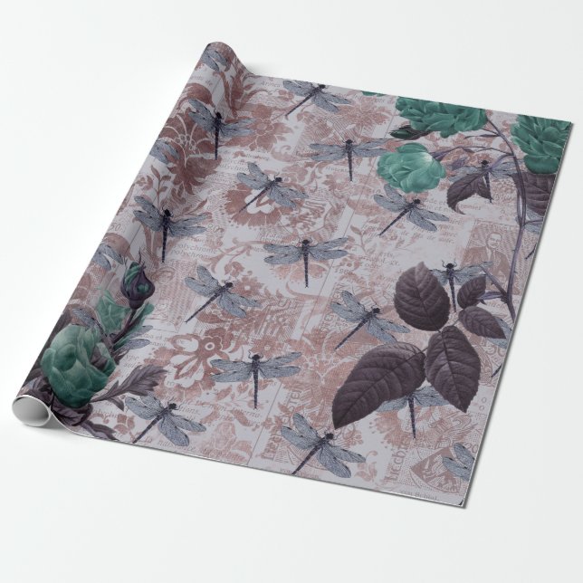 Drachenfliege und Lila Blumensprint Geschenkpapier (Ungerollt)
