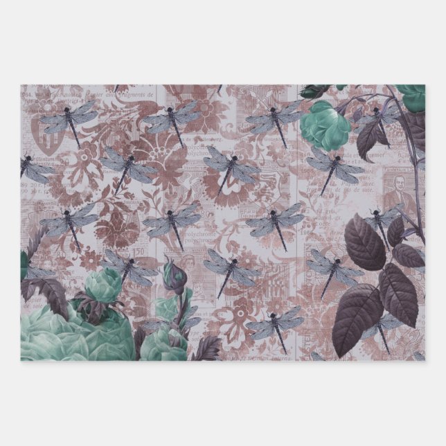 Drachenfliege und Lila Blumensprint Geschenkpapier Set (Vorderseite)