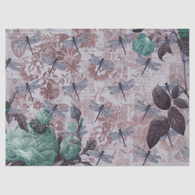 Drachenfliege und Lila Blumensprint Seidenpapier (Vorderseite)