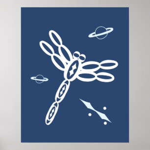 Drachenfliege und Weltraum-Riss blau-weiß Poster