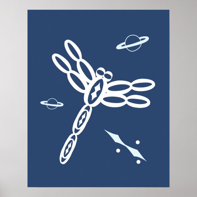 Drachenfliege und Weltraum-Riss blau-weiß Poster (Vorne)