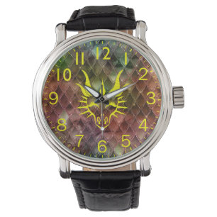 Drachenkopf und farbenfrohe Drachenskala Armbanduhr