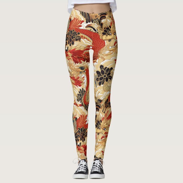 Drachenmuster im japanischen Tattoo-Stil Leggings (Vorderseite)