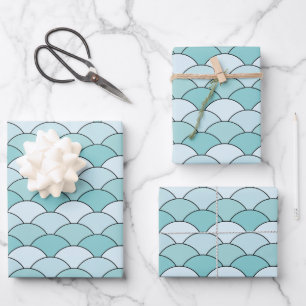 Drachenschuppen, Fächer, Wellen, Seigaiha, Blau Geschenkpapier Set