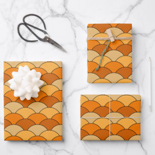 Drachenschuppen, Fächer, Wellen, Seigaiha, Orange Geschenkpapier Set