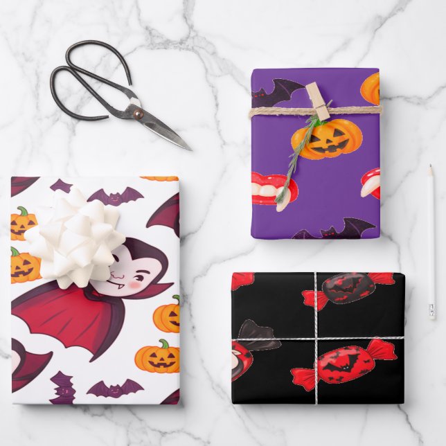 Dracula und Bats Spooky Fun Halloween Geschenkpapier Set (Vorderseite)
