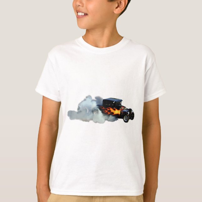 Drag-Racing Rauchen Flammen Vintage Auto T-Shirt (Vorderseite)