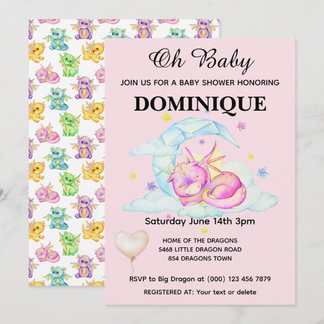 Dragon À La Baisse Sur Rose - Invitation Baby show (Devant / Derrière)