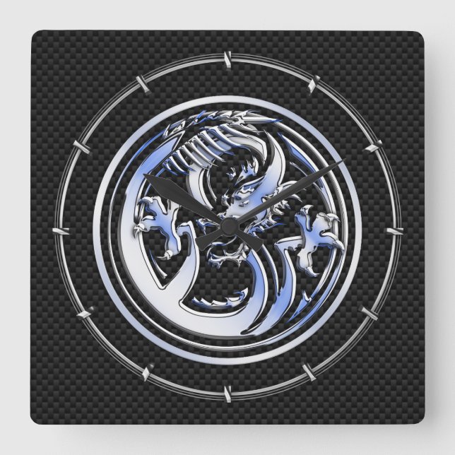 Dragon Abzeichen im Chrome-Stil auf Carbon Fibre P Quadratische Wanduhr (Vorderseite)
