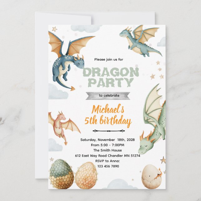 Dragon and eggs birthday Invitation (Devant)