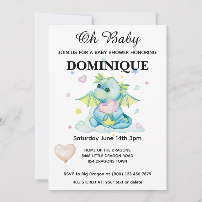Dragon Avec Coeur - Invitation Baby shower (Devant)
