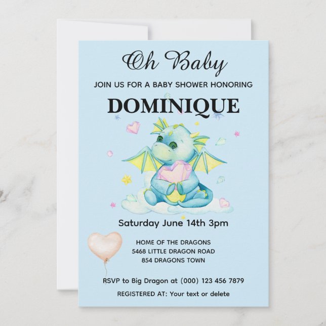 Dragon Avec Coeur - Invitation Baby shower (Devant)
