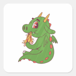 Dragon Baby Eating Yummy Pizza Slice Design Quadratischer Aufkleber